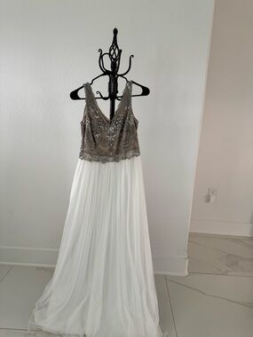 Adrianna Papell Beige Dress with Silver Sequin Embellishment